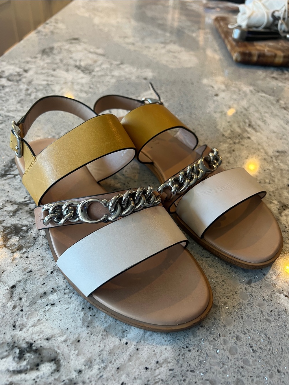 Coach Heather Tri-Color Leather C-Chain Sandals Yellow White Size 8.5 EUC